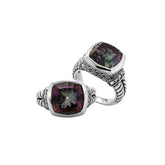 Mystic Topaz Quartz and Cubic Zirconia sterling silver ring, handcrafted in Bali with cushion-cut rainbow stone and polished finish.